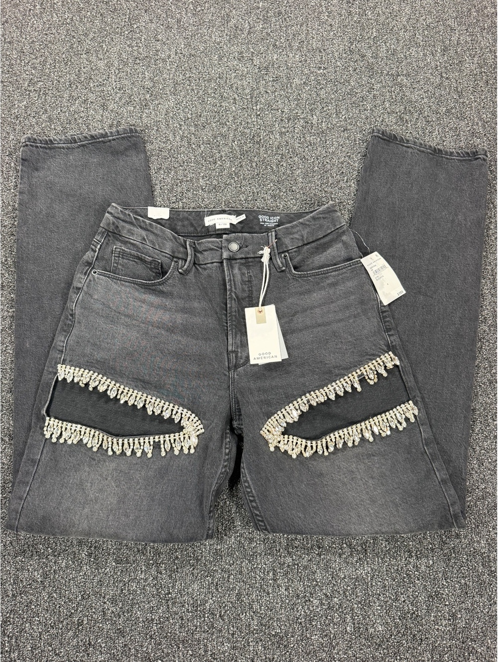 NWT Good American Good Icon Straight Black Jeans with rhinestone cut outs Size 6